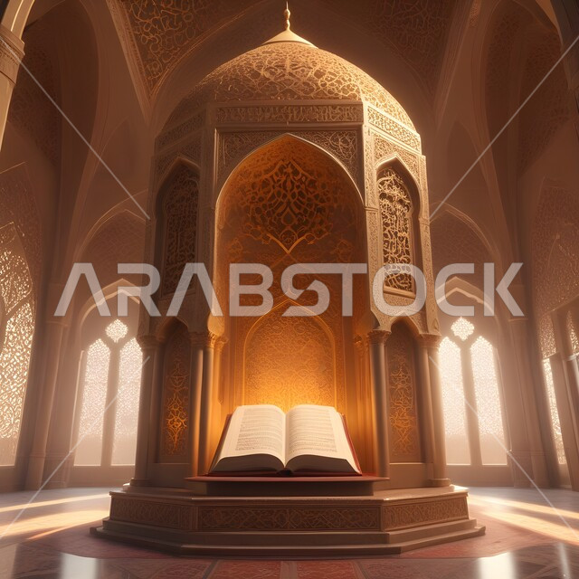 مجسم ثلاثي الابعاد للمسجد والمآذن مع القرآن الكريم، الاعياد والمناسبات الدينية، الزخارف الاسلامية والتصاميم العصرية على الطراز الحديث للجوامع، قالب تصميم إسلامي لاستقبال شهر رمضان المبارك،