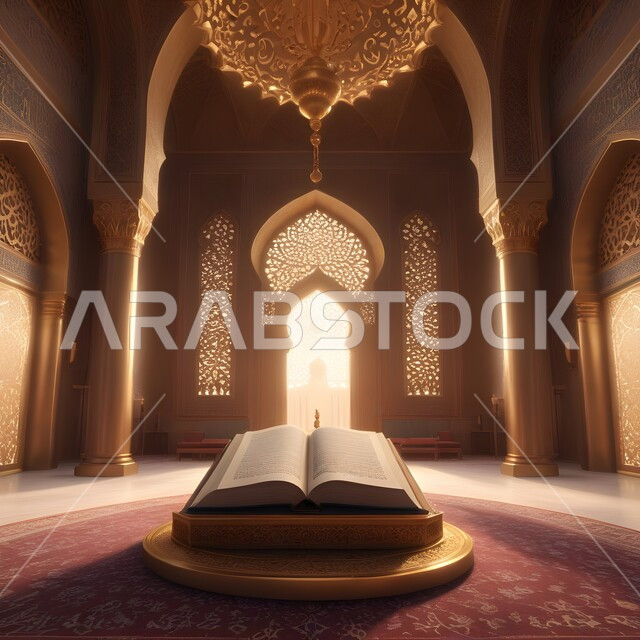 3D model of mosque and minarets with the Holy Quran, religious holidays and occasions, Islamic decorations and modern designs in the modern style for mosques, Islamic design template to welcome the holy month of Ramadan,