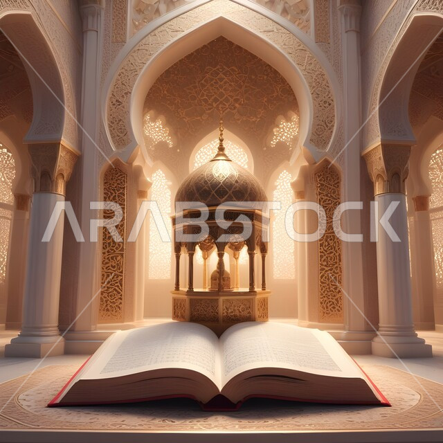 مجسم ثلاثي الابعاد للمسجد والمآذن مع القرآن الكريم، الاعياد والمناسبات الدينية، الزخارف الاسلامية والتصاميم العصرية على الطراز الحديث للجوامع، قالب تصميم إسلامي لاستقبال شهر رمضان المبارك،