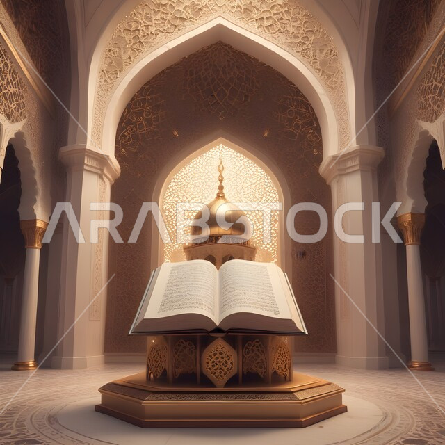 3D model of mosque and minarets with the Holy Quran, religious holidays and occasions, Islamic decorations and modern designs in the modern style for mosques, Islamic design template to welcome the holy month of Ramadan,