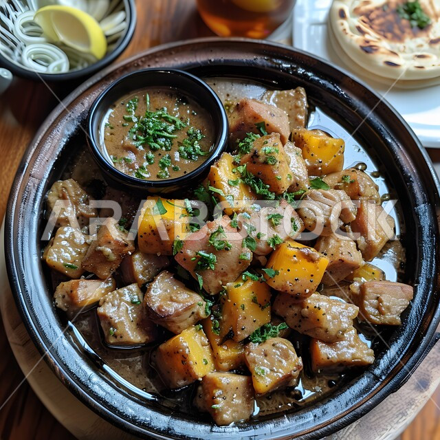 Meat dish with vegetables, recipes for grilled meat with distinct flavors, oriental food restaurants in the Kingdom of Saudi Arabia, healthy and nutritious meals, enjoying preparing delicious dishes.