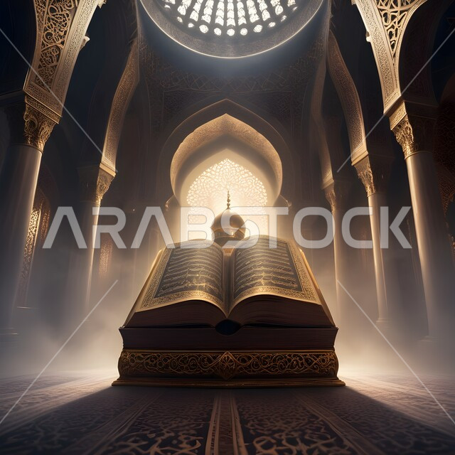 مجسم ثلاثي الابعاد للمسجد والمآذن مع القرآن الكريم، الاعياد والمناسبات الدينية، الزخارف الاسلامية والتصاميم العصرية على الطراز الحديث للجوامع، قالب تصميم إسلامي لاستقبال شهر رمضان المبارك،