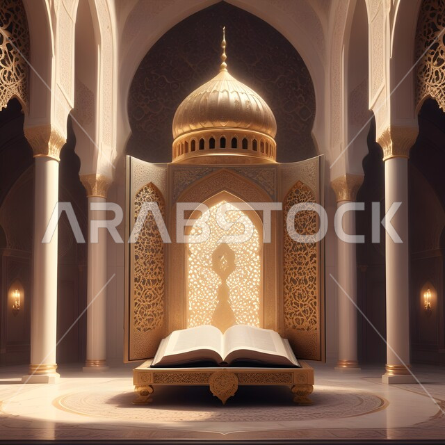 مجسم ثلاثي الابعاد للمسجد والمآذن مع القرآن الكريم، الاعياد والمناسبات الدينية، الزخارف الاسلامية والتصاميم العصرية على الطراز الحديث للجوامع، قالب تصميم إسلامي لاستقبال شهر رمضان المبارك،