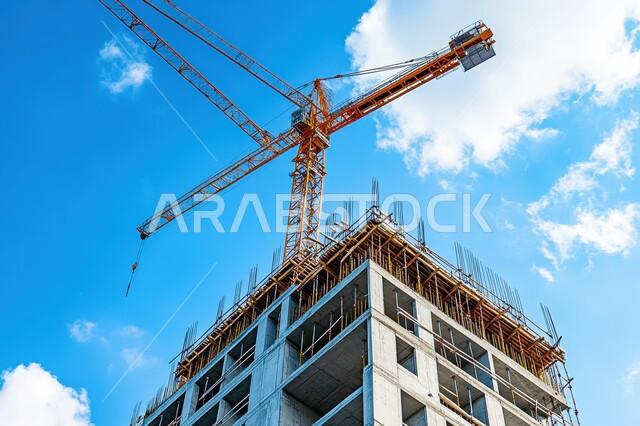 اعمال البناء وصب الخرسانات ووضع الأساسات، الآلات والمعدات الثقيلة والرافعات والسقالات العالية, مبنى قيد الانشاء في المملكة العربية السعودية, مفهوم الهندسة الانشائية والمعمارية، تنفيذ مخطط الإعمار وتشكيل الهيكل المعدني