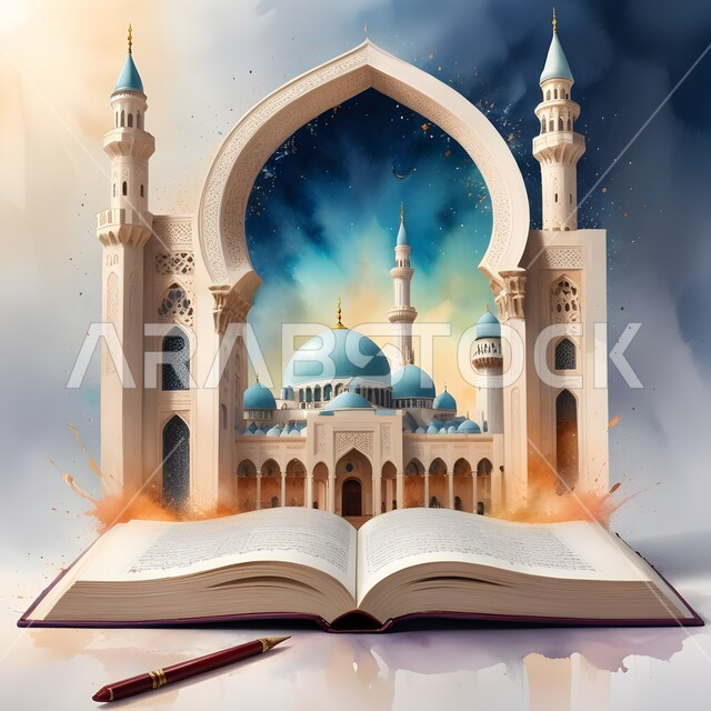 الفن الهندسي المعماري لبناء المساجد على الطراز الحديث والمتطور، مساجد ومعالم دينية مقدسة, العبادة ونداء المسلمين لأداء الصلوات والفرائض، التقرب إلى الله تعالى، خلفية ملونة 