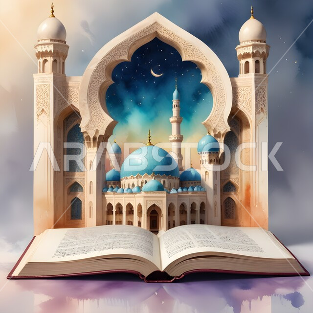 الفن الهندسي المعماري لبناء المساجد على الطراز الحديث والمتطور، مساجد ومعالم دينية مقدسة, العبادة ونداء المسلمين لأداء الصلوات والفرائض، التقرب إلى الله تعالى، خلفية ملونة 