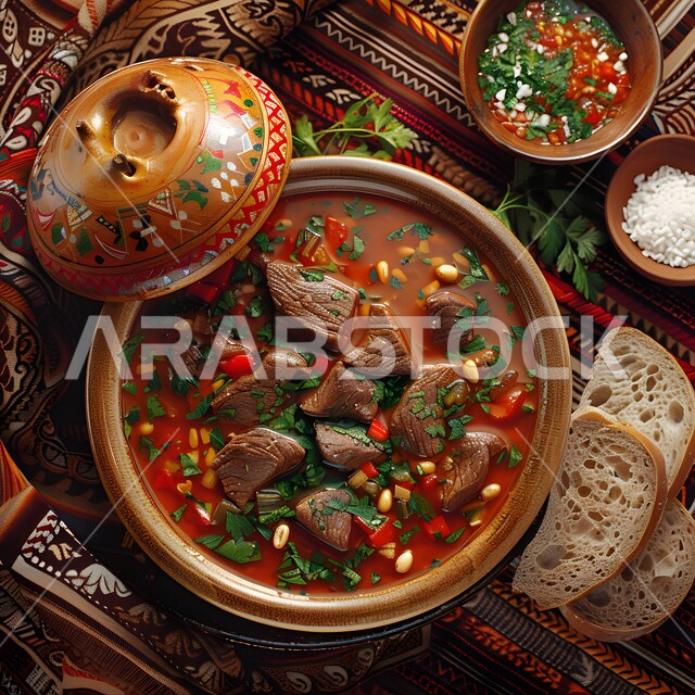 طبق من يخنة الخضار الشهية مع الخبز واللحم والمقبلات, وجبات صحية ومغذية، مطاعم للمأكولات الشرقية في المملكة العربية السعودية، وصفات اللحومات بالنكهات المتميزة, الاستمتاع بتحضير أطباق لذيذة