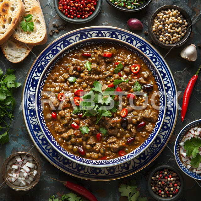 طبق من يخنة الخضار الشهية مع الخبز واللحم والمقبلات, وجبات صحية ومغذية، مطاعم للمأكولات الشرقية في المملكة العربية السعودية، وصفات اللحومات بالنكهات المتميزة, الاستمتاع بتحضير أطباق لذيذة