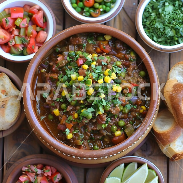 طبق من يخنة الخضار الشهية مع الخبز واللحم والمقبلات, وجبات صحية ومغذية، مطاعم للمأكولات الشرقية في المملكة العربية السعودية، وصفات اللحومات بالنكهات المتميزة, الاستمتاع بتحضير أطباق لذيذة