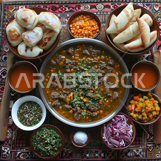 طبق من يخنة الخضار الشهية مع الخبز واللحم والمقبلات, وجبات صحية ومغذية، مطاعم للمأكولات الشرقية في المملكة العربية السعودية، وصفات اللحومات بالنكهات المتميزة, الاستمتاع بتحضير أطباق لذيذة