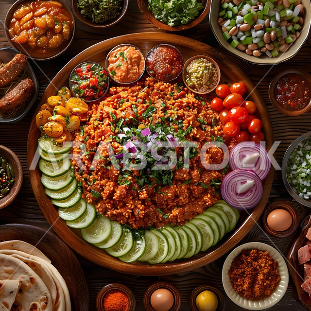 سفرة تحتوي على مجموعة من المقبلات, وجبات صحية ومغذية، مطاعم للمأكولات الشرقية في المملكة العربية السعودية، وصفات اللحومات بالنكهات المتميزة, الاستمتاع بتحضير أطباق لذيذة