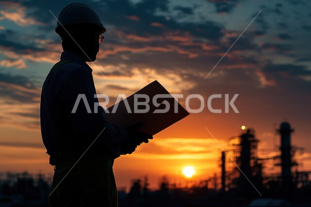 اعمال البناء وصب الخرسانات ووضع الأساسات، مفهوم الهندسة الانشائية والمعمارية، صوره ظليليه من الجانب لمهندس برتدي ستره الحمايه والخوذه يحمل بيده مخطط الإعمار ،  الآلات والمعدات الثقيلة والرافعات والسقالات العالية, مبنى قيد الانشاء في المملكة العربية السعودية، سالوييت