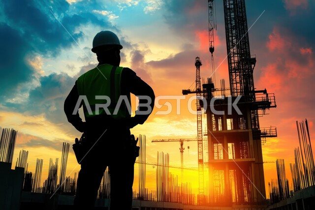 مفهوم الهندسة الانشائية والمعمارية، صوره ظليليه من الخلف لمهندس برتدي ستره الحمايه والخوذه يقوم بتنفيذ مخطط الإعمار وتشكيل الهيكل المعدني، اعمال البناء وصب الخرسانات ووضع الأساسات، الآلات والمعدات الثقيلة والرافعات والسقالات العالية, مبنى قيد الانشاء في المملكة العربية السعودية، سالوييت