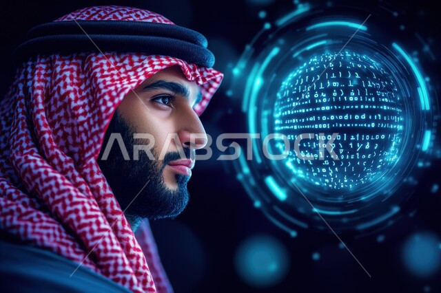 إيماءات التفكير العميق, رجل عربي خليجي سعودي يرتدي الثوب التقليدي والشماغ ينظر إلى مكان بعيد بإيماءات الحيرة, خلفية عناصر هولوجرامية لأيقونات الشبكة الرقمية, التركيز في شيء ما