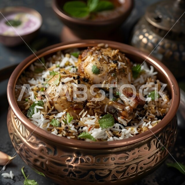 طبق من أرز البرياني وقطع الدجاج المحمرة والمطهية جيداً، أرز الكبسة مع الخضراوات والتوابل, أطباق و ماكولات عربية تقليدية, وصفات الطعام الصحية الشهية, فنون تقديم الأطعمة الشرقية اللذيذة، أنواع متعددة من الصوصات والمقبلات