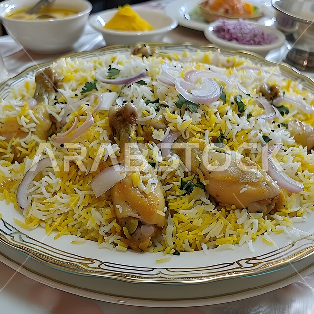 طبق من أرز البرياني وقطع الدجاج المحمرة والمطهية جيداً، أرز الكبسة مع الخضراوات والتوابل, أطباق و ماكولات عربية تقليدية, وصفات الطعام الصحية الشهية, فنون تقديم الأطعمة الشرقية اللذيذة، أنواع متعددة من الصوصات والمقبلات