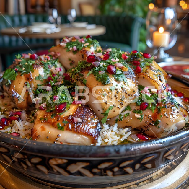 طبق من أرز البرياني وقطع الدجاج المحمرة والمطهية جيداً، أرز الكبسة مع الخضراوات والتوابل, أطباق و ماكولات عربية تقليدية, وصفات الطعام الصحية الشهية, فنون تقديم الأطعمة الشرقية اللذيذة، أنواع متعددة من الصوصات والمقبلات
