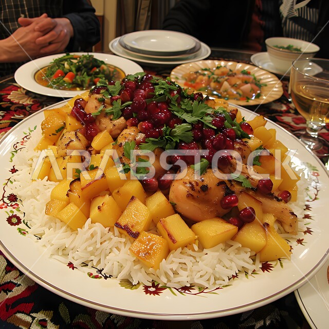 طبق من أرز البرياني وقطع الدجاج المحمرة والمطهية جيداً، أرز الكبسة مع الخضراوات والتوابل, أطباق و ماكولات عربية تقليدية, وصفات الطعام الصحية الشهية, فنون تقديم الأطعمة الشرقية اللذيذة، أنواع متعددة من الصوصات والمقبلات