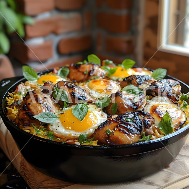 طبق من أرز البرياني وقطع الدجاج المحمرة والمطهية جيداً، أرز الكبسة مع الخضراوات والتوابل, أطباق و ماكولات عربية تقليدية, وصفات الطعام الصحية الشهية, فنون تقديم الأطعمة الشرقية اللذيذة، أنواع متعددة من الصوصات والمقبلات