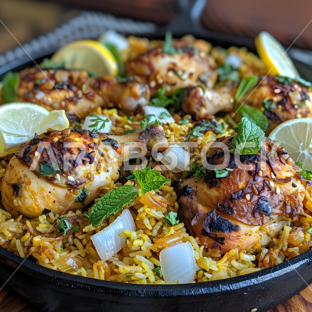 طبق من أرز البرياني وقطع الدجاج المحمرة والمطهية جيداً، أرز الكبسة مع الخضراوات والتوابل, أطباق و ماكولات عربية تقليدية, وصفات الطعام الصحية الشهية, فنون تقديم الأطعمة الشرقية اللذيذة، أنواع متعددة من الصوصات والمقبلات