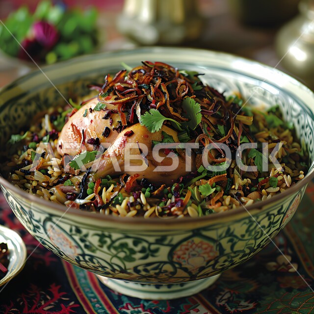 طبق من أرز البرياني وقطع الدجاج المحمرة والمطهية جيداً، أرز الكبسة مع الخضراوات والتوابل, أطباق و ماكولات عربية تقليدية, وصفات الطعام الصحية الشهية, فنون تقديم الأطعمة الشرقية اللذيذة، أنواع متعددة من الصوصات والمقبلات