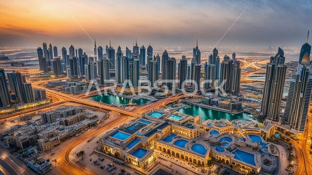 High-rise commercial buildings and facilities, concept of infrastructure development and improvement, imaginary view of urban progress and growth at sunset, modern architectural designs and arts of towers and skyscrapers in the United Arab Emirates, building a developed civilized future in Dubai