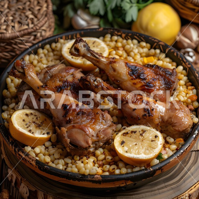 طبق من قطع الدجاج المحمرة والمطهية جيداً, أطباق و ماكولات عربية تقليدية, وصفات الطعام الصحية الشهية, فنون تقديم الأطعمة الشرقية اللذيذة، أنواع متعددة من الصوصات والمقبلات