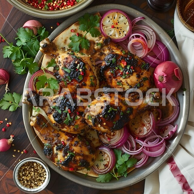 طبق من قطع الدجاج المحمرة والمطهية جيداً, أطباق و ماكولات عربية تقليدية, وصفات الطعام الصحية الشهية, فنون تقديم الأطعمة الشرقية اللذيذة، أنواع متعددة من الصوصات والمقبلات