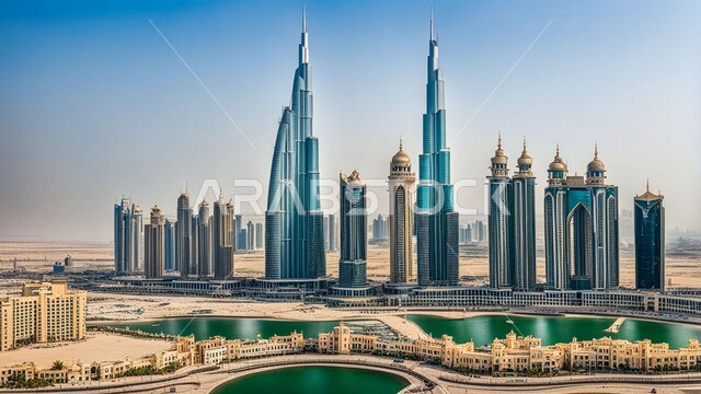 مفهوم تطوير وتحسين البنية التحتية، منظر تخيلي للتقدم والنمو العمراني في وقت النهار ، التصاميم والفنون المعمارية الحديثة للأبراج وناطحات السحاب في الامارات العربية المتحدة، بناء مستقبل حضاري متطور في دبي، المباني والمنشآت التجارية الشاهقة