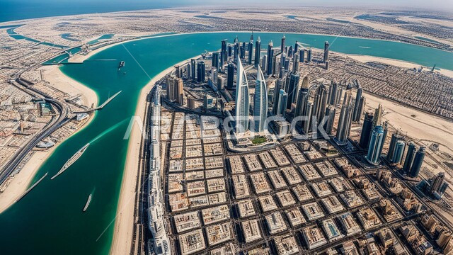 بناء مستقبل حضاري متطور في دبي، مفهوم تطوير وتحسين البنية التحتية، منظر تخيلي للتقدم والنمو العمراني في وقت النهار، التصاميم والفنون المعمارية الحديثة للأبراج وناطحات السحاب في الامارات العربية المتحدة، المباني والمنشآت التجارية الشاهقة
