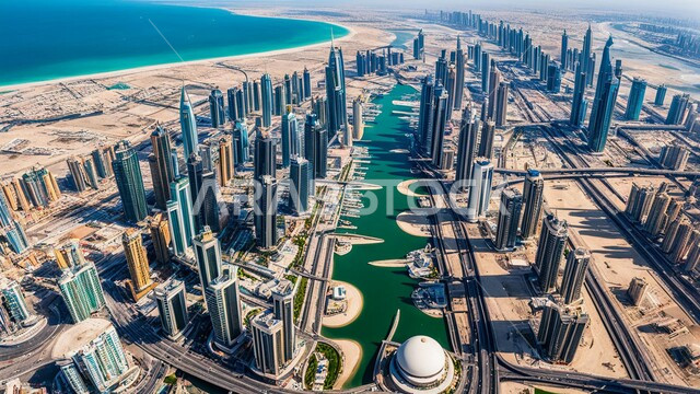 مفهوم تطوير وتحسين البنية التحتية، بناء مستقبل حضاري متطور في دبي،  منظر تخيلي للتقدم والنمو العمراني في وقت النهار، التصاميم والفنون المعمارية الحديثة للأبراج وناطحات السحاب في الامارات العربية المتحدة،  المباني والمنشآت التجارية الشاهقة