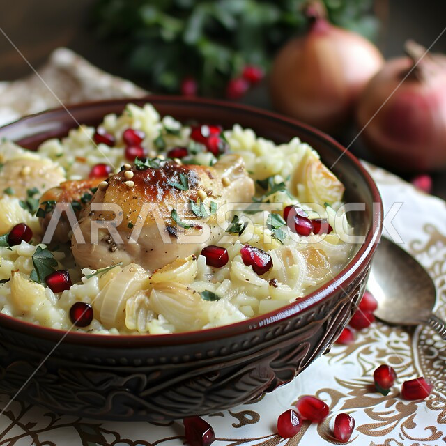 طبق من الدجاج والأرز مع حبات الرمان, أطباق و ماكولات عربية تقليدية, وصفات الطعام الصحية الشهية, فنون تقديم الأطعمة الشرقية اللذيذة، أنواع متعددة من الصوصات والمقبلات