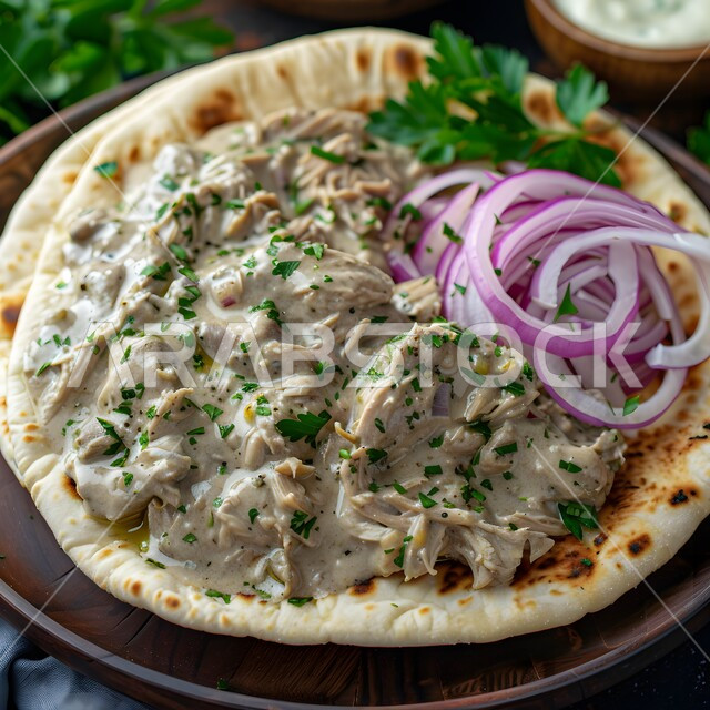 Chicken dish with cream and parsley on flat bread with red onions, traditional Arabic dishes and food, delicious healthy food recipes, the art of serving delicious oriental foods, multiple types of sauces and appetizers.