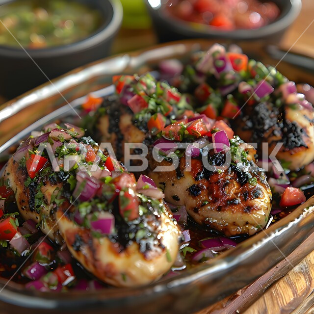 طبق من الدجاج مع الخضروات, أطباق و ماكولات عربية تقليدية, وصفات الطعام الصحية الشهية, فنون تقديم الأطعمة الشرقية اللذيذة، أنواع متعددة من الصوصات والمقبلات