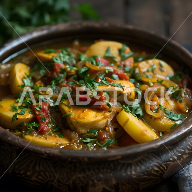 طبق من الدجاج مع الخضروات, أطباق و ماكولات عربية تقليدية, وصفات الطعام الصحية الشهية, فنون تقديم الأطعمة الشرقية اللذيذة، أنواع متعددة من الصوصات والمقبلات