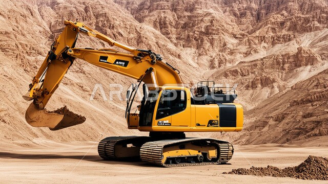 Power and technology of the process of extracting building materials, use of heavy machinery and equipment in rugged areas, bulldozer working to fill and empty sand and gravel, concept of large construction and development projects, engineering professions and jobs in Saudi Arabia, areas of exploration for underground resources in the Kingdom