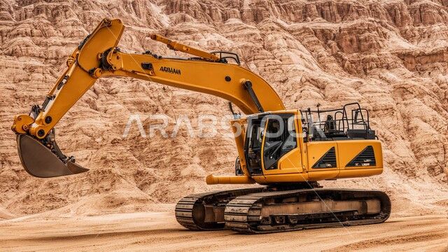 جرافة تعمل على تعبئة وتفريغ الرمال والحصى، مفهوم مشاريع البناء والإنشاءات الكبيرة والتطوير، مهن ووظائف هندسية في السعودية، مناطق التنقيب عن الثروات الباطنية في المملكة، قوة وتقنية عملية استخراج مواد البناء، استخدام آلات ومعدات ثقيلة في المناطق الوعرة