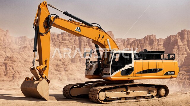 The concept of large construction and development projects, engineering professions and jobs in Saudi Arabia, areas of exploration for underground resources in the Kingdom, the power and technology of the process of extracting building materials, the use of heavy machinery and equipment in rugged areas, a bulldozer that works to fill and empty sand and gravel