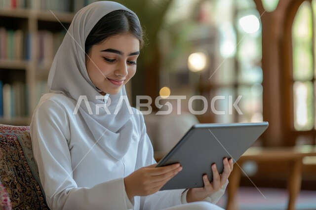 الدردشة والتواصل مع الأهل والأصدقاء، تصفح مواقع التواصل الاجتماعي، التعليم عبر الاجهزة التقنية، شابة عربية خليجية سعودية محجبة ترتدي العباءة البيضاء تعمل على جهاز التابلت المحمول بإيماءات السرور، استخدام التكنولوجيا الحديثة في الحياة اليومية