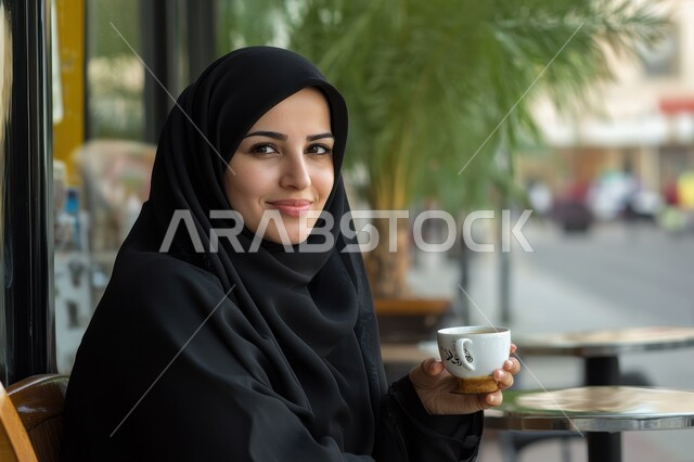 النظر الى الكاميرا بإيماءات السرور، مفهوم الاهتمام بالمظهر الخارجي، منتجات محلية وطنية سعودية، صورة مقربة لامراة عربيه خليجية سعودية مبتسمة محجبة ترتدي العباءة تحمل بيدها كوب من القهوة، الاستمتاع في تناول المشروبات الساخنه الشهيه