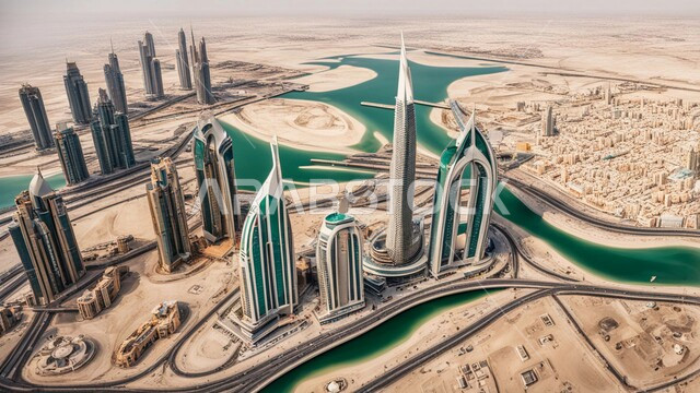 منظر تخيلي مستقبلي للتقدم و النمو العمراني, المباني والمنشآت التجارية الشاهقة في المملكة العربية السعودية, رؤية سعودية مستقبلية 2030, الفن الهندسي المعماري للأبراج وناطحات السحاب, بناء مستقبل حضاري ومتطور