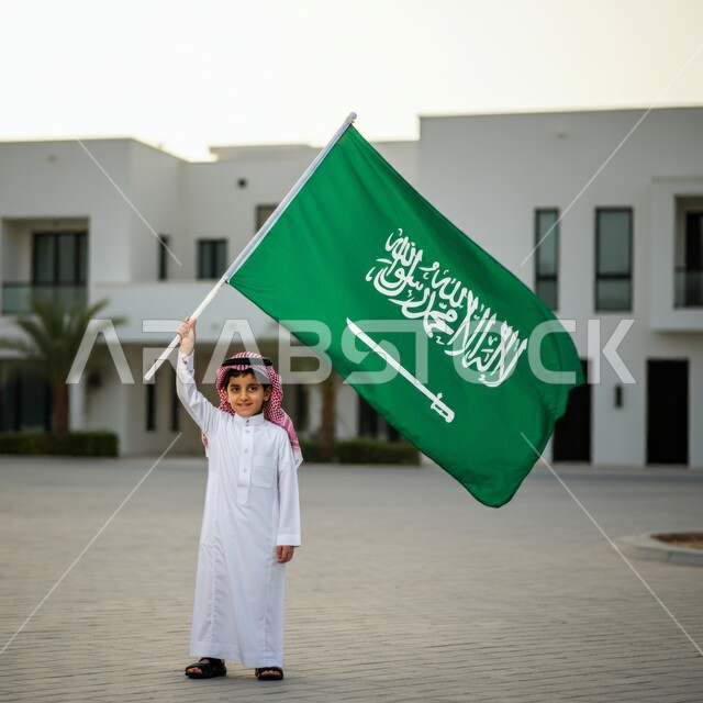 إحياء ذكرى العيد الوطني 23 سبتمبر، بورتريه لطفل عربي خليجي سعودي يرتدي الشماغ والثوب التقليدي يحمل بيده علم المملكة العربية السعودية، يوم العلم 11 مارس، النظر إلى الكاميرا بايماءات الفخر والاعتزاز بامتلاك الهوية الوطنية،  الجسم بالطول الكامل