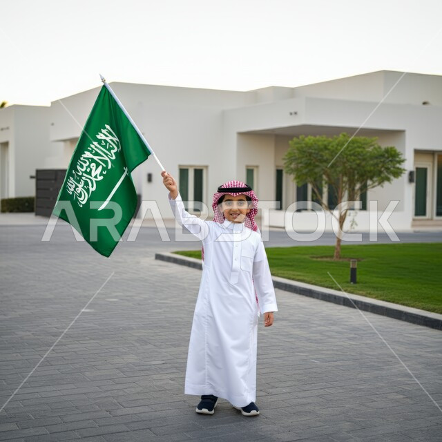 Commemorating National Day, September 23, Portrait of a Saudi Gulf Arab child wearing a shemagh and traditional thobe, holding the flag of the Kingdom of Saudi Arabia in his hand, Flag Day, March 11, looking at the camera with gestures of pride and pride in possessing the national identity, full-length body