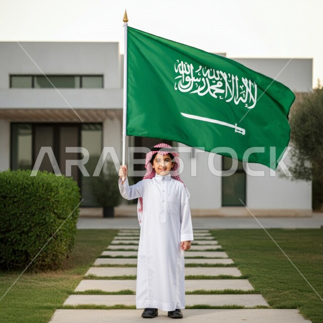 يوم العلم 11 مارس، إحياء ذكرى العيد الوطني 23 سبتمبر، بورتريه لطفل عربي خليجي سعودي يرتدي الشماغ والثوب التقليدي يحمل بيده علم المملكة العربية السعودية، النظر إلى الكاميرا بايماءات الفخر والاعتزاز بامتلاك الهوية الوطنية،  الجسم بالطول الكامل