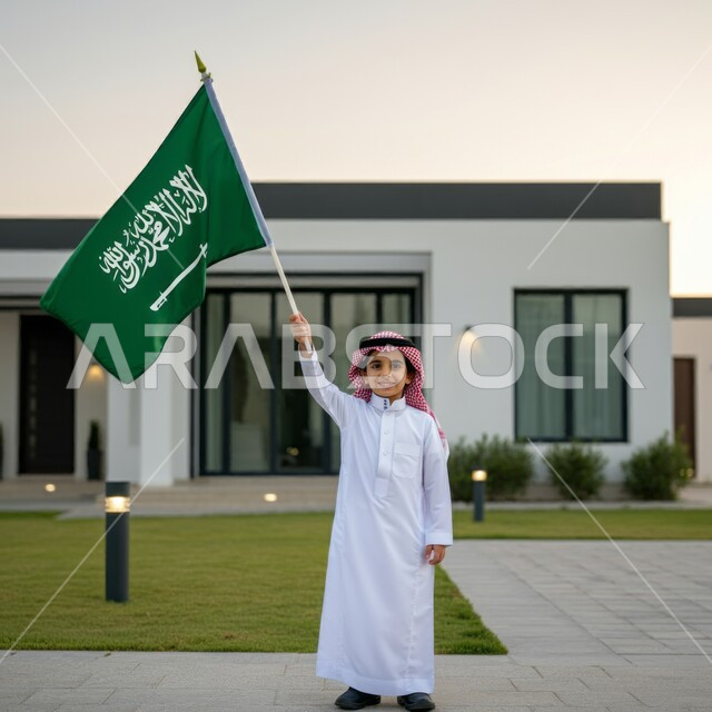 يوم العلم 11 مارس، إحياء ذكرى العيد الوطني 23 سبتمبر، بورتريه لطفل عربي خليجي سعودي يرتدي الشماغ والثوب التقليدي يحمل بيده علم المملكة العربية السعودية، النظر إلى الكاميرا بايماءات الفخر والاعتزاز بامتلاك الهوية الوطنية،  الجسم بالطول الكامل