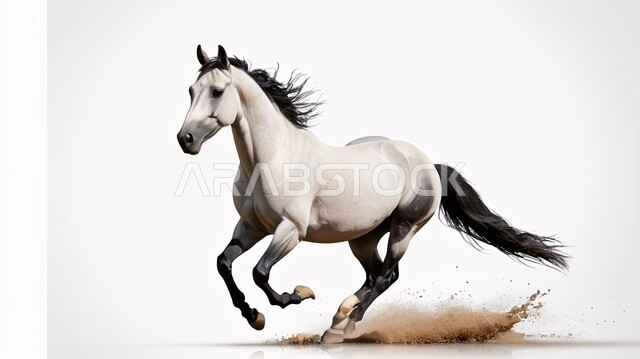 Passion for breeding Arabian horses and equestrianism, inheriting the love and care of horses from ancestors in the Kingdom of Saudi Arabia, a purebred white horse galloping and gaining strength over the golden sands, a symbol of authenticity and Arabism, white background