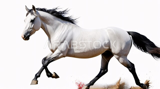 Passion for breeding Arabian horses and equestrianism, inheriting the love and care of horses from ancestors in the Kingdom of Saudi Arabia, a purebred white horse galloping and gaining strength over the golden sands, a symbol of authenticity and Arabism, white background