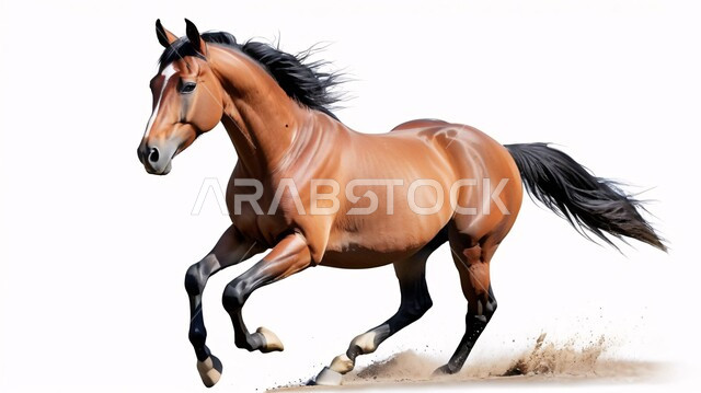 Passion for breeding Arabian horses and equestrianism, inheriting the love and care of horses from ancestors in the Kingdom of Saudi Arabia, a purebred brown horse running and gaining strength over the golden sands, a symbol of authenticity and Arabism, white background