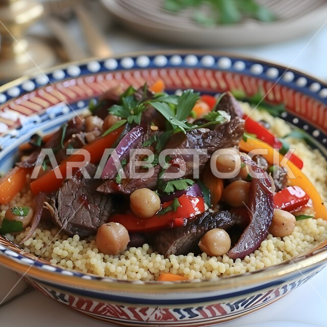 كسكس لذيذ باللحم والحمص والفلفل، فنون تقديم الأطعمة الأطعمة الشرقية، وصفات وأطباق طعام شعبية لذيذة، مطاعم للمأكولات العربية الخليجية السعودية المشهورة،  طرق مميزة لتقديم الطعام، وجبات صحية بطرائق شهية 