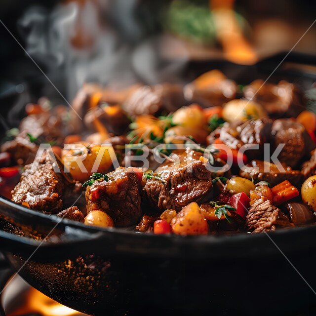 Beef stew cooked on a slow fire in an iron pot, the art of presenting food, oriental foods, delicious popular food recipes and dishes, restaurants for famous Saudi Arabian Gulf foods, distinctive ways to present food, healthy meals in delicious ways